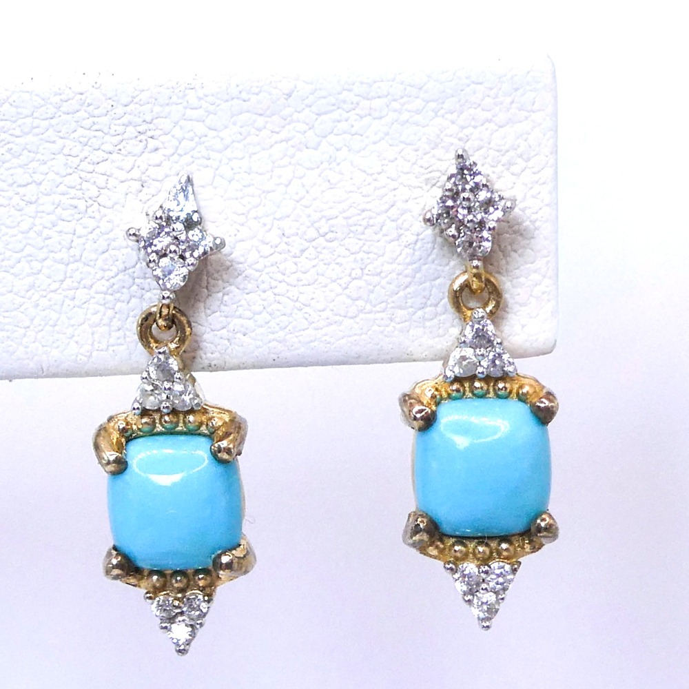 Sleeping Beauty Turquoise Gold Over Sterling Silver 925 Drop Dangle .8" Earrings